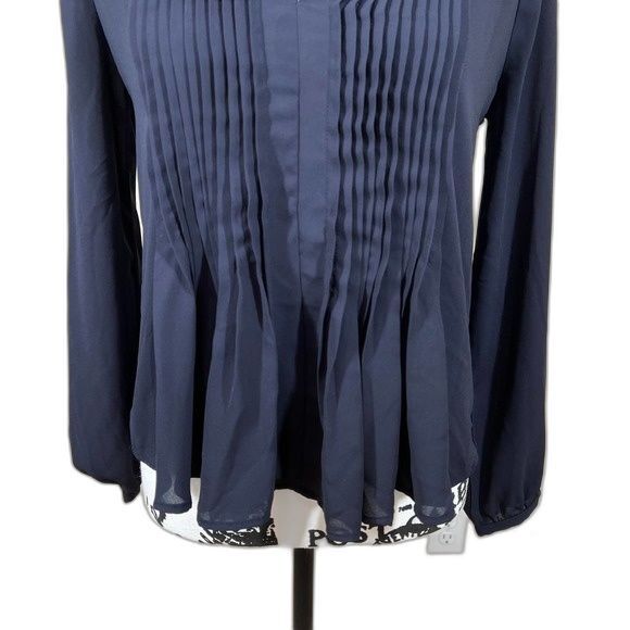 Ann Taylor Petite Navy Blue sheer pleated  long sleeve top size S academia work - Picture 6 of 14